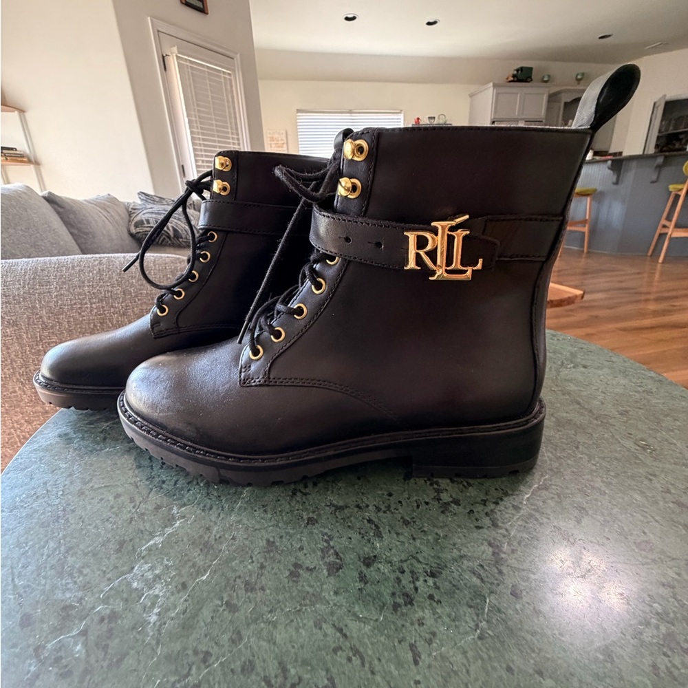 Ralph Lauren Black Leather Lace-Up Boots with Gold RLL Accent